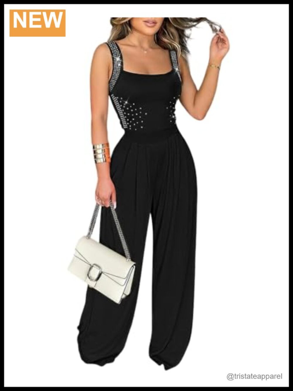Rhinestone Sleeveless Wide Leg Jumpsuit with Pockets Square Neck